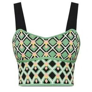 BcbgMaxAzria Women's Diamond-Print Knit Cropped Top Geometric Green Pink Black S